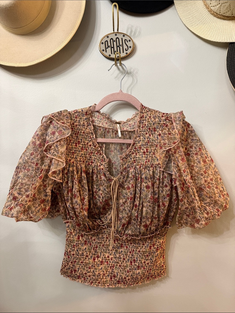 Free People Boho Floral Smocked Peplum Top - Pink Floral